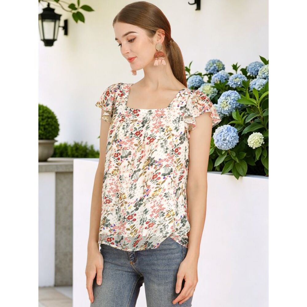 Women's Chiffon Ruffle Sleeve Vintage Layered Floral Print Blouse Top White - Picture 2 of 6